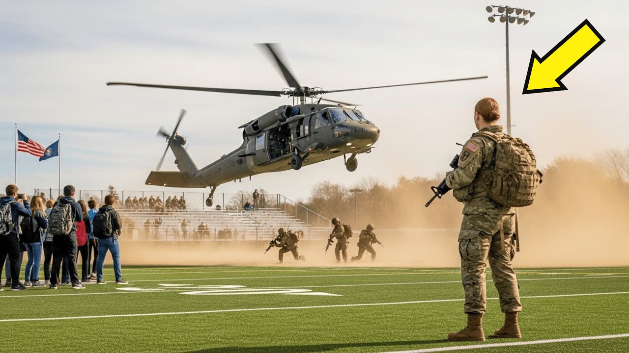 Ridevano della ragazza in mimetica a scuola — finché un Black Hawk atterrò sul campo da football