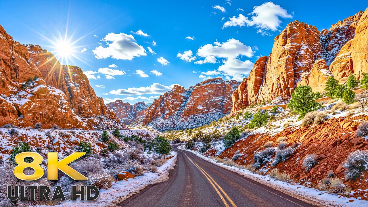 Zion National Park Scenic Drive - Kolob Canyon Scenic Road 8K Winter Snow