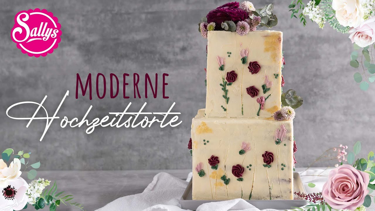 Hochzeitstorte - eckig, modern mit Blumen / Sallys Welt