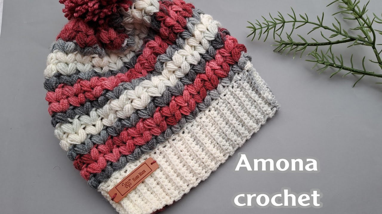 كروشيةطاقيه/ايس كاب بغرزة الباف سهلة للمبتدئين crochet ice cap with V puff stitch