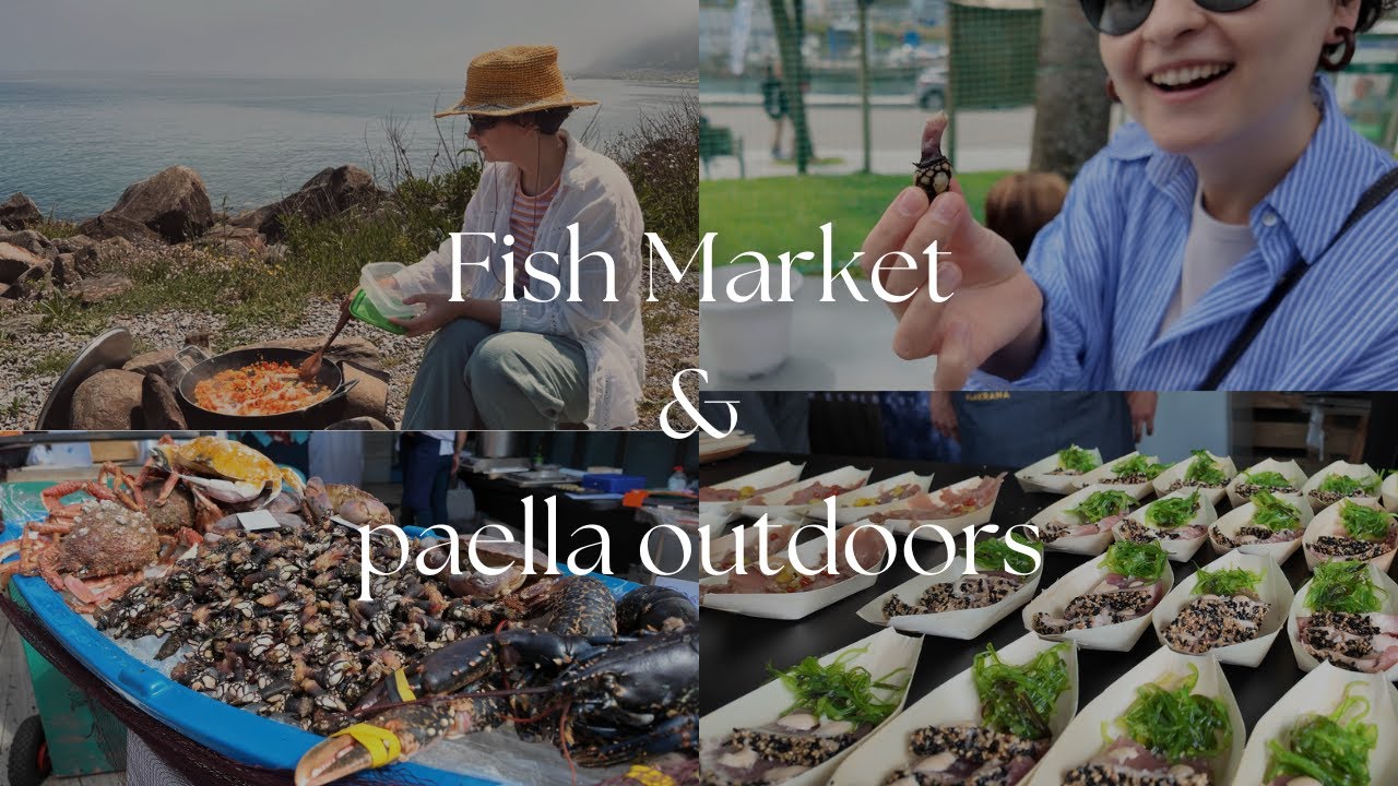 Tasting on a Fish Market in a medieval village and paella cooking over an open fire.