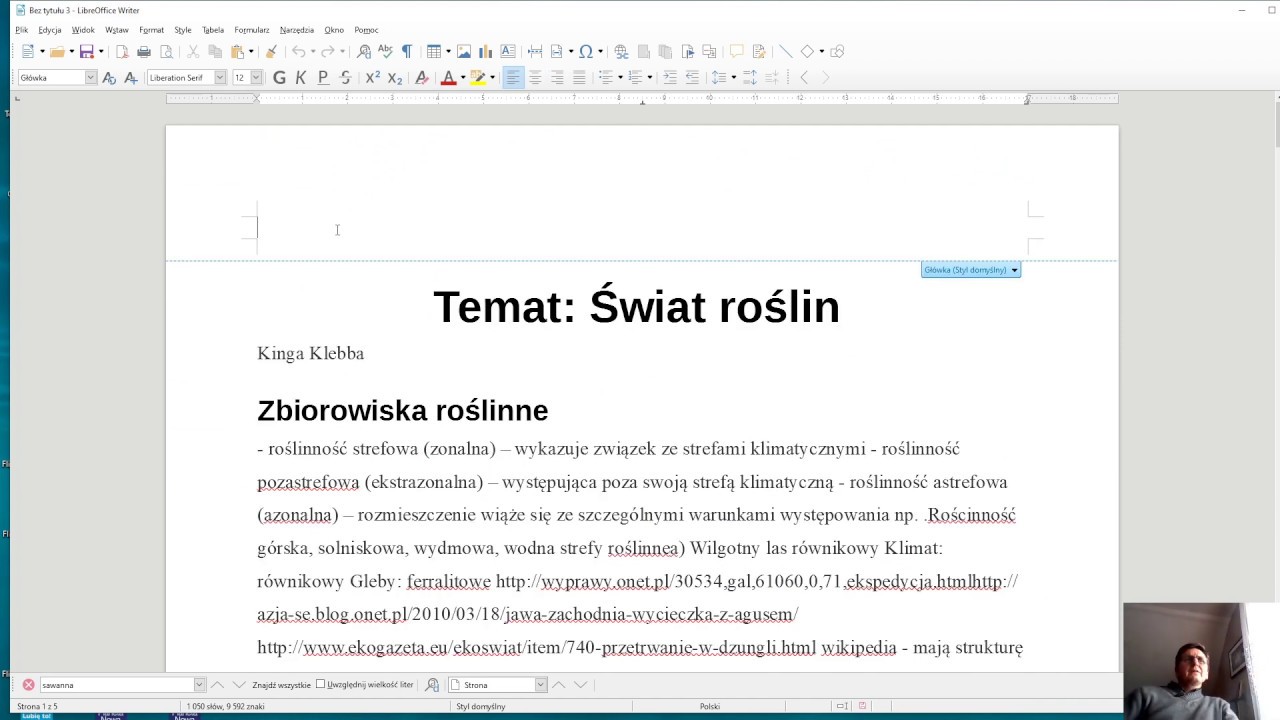 kl 7 nagłówki, spis treści w Libre Office