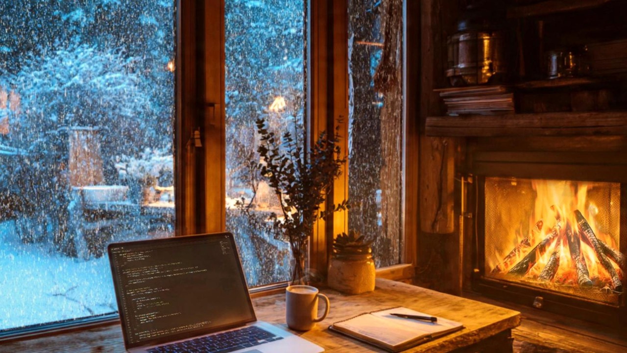 Cozy Winter Cabin Ambience ⛄ Gentle Snowfall, Relaxing Piano & Crackling Fireplace for Focus 2 Hours