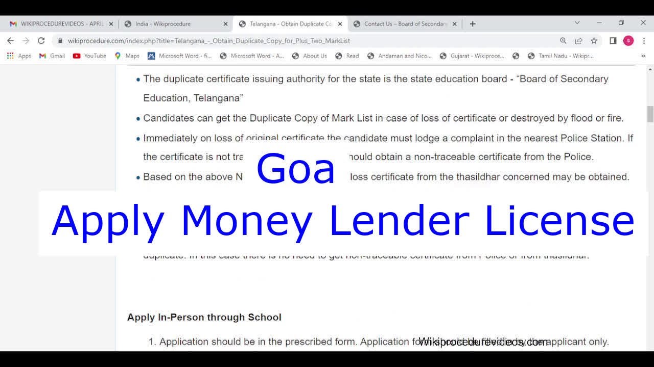 Goa - Apply for Money Lender Licence (Online)