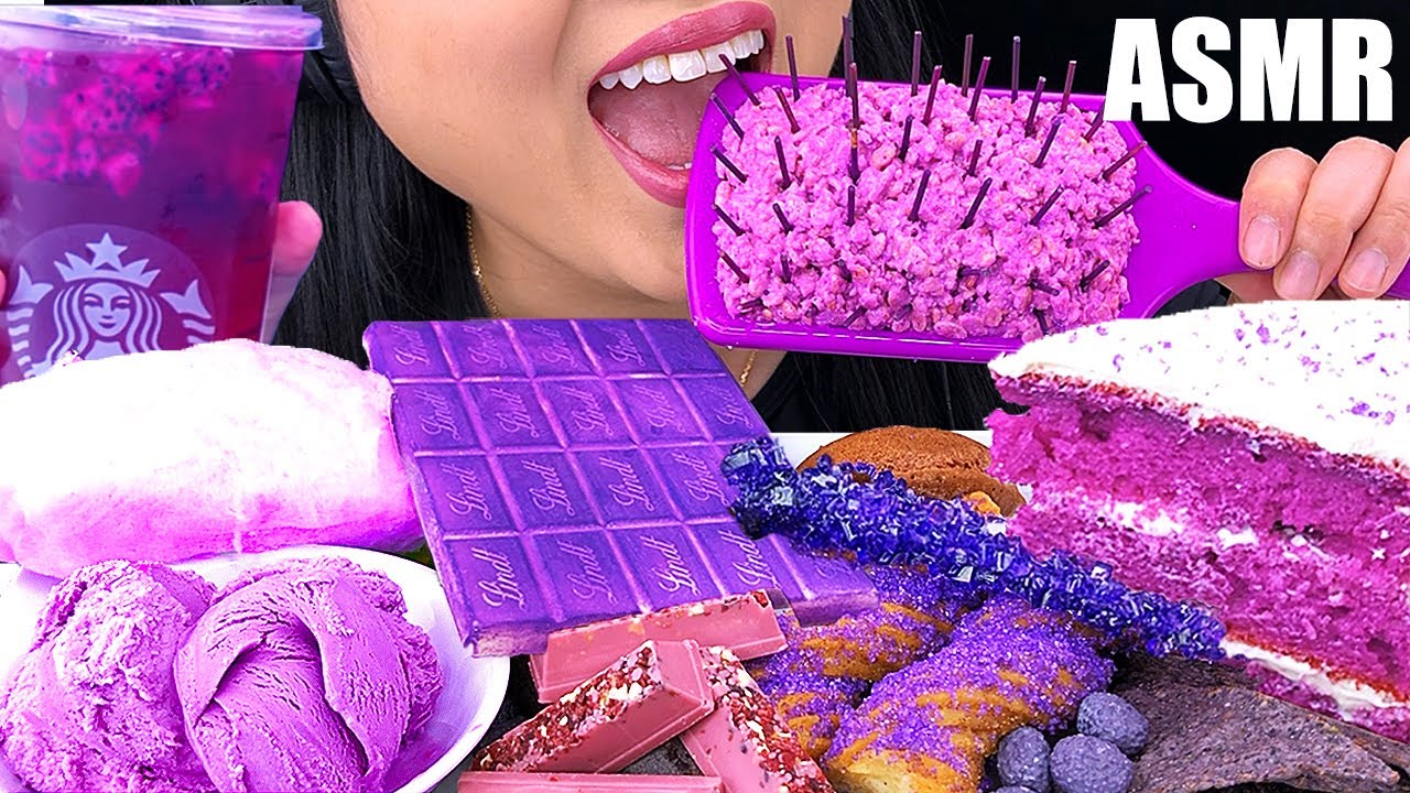 ASMR PURPLE FOOD PLATTER (CHOCOLATE BAR, EDIBLE HAIR BRUSH, KIT KAT, ICE CREAM, CAKE) | ASMR Phan
