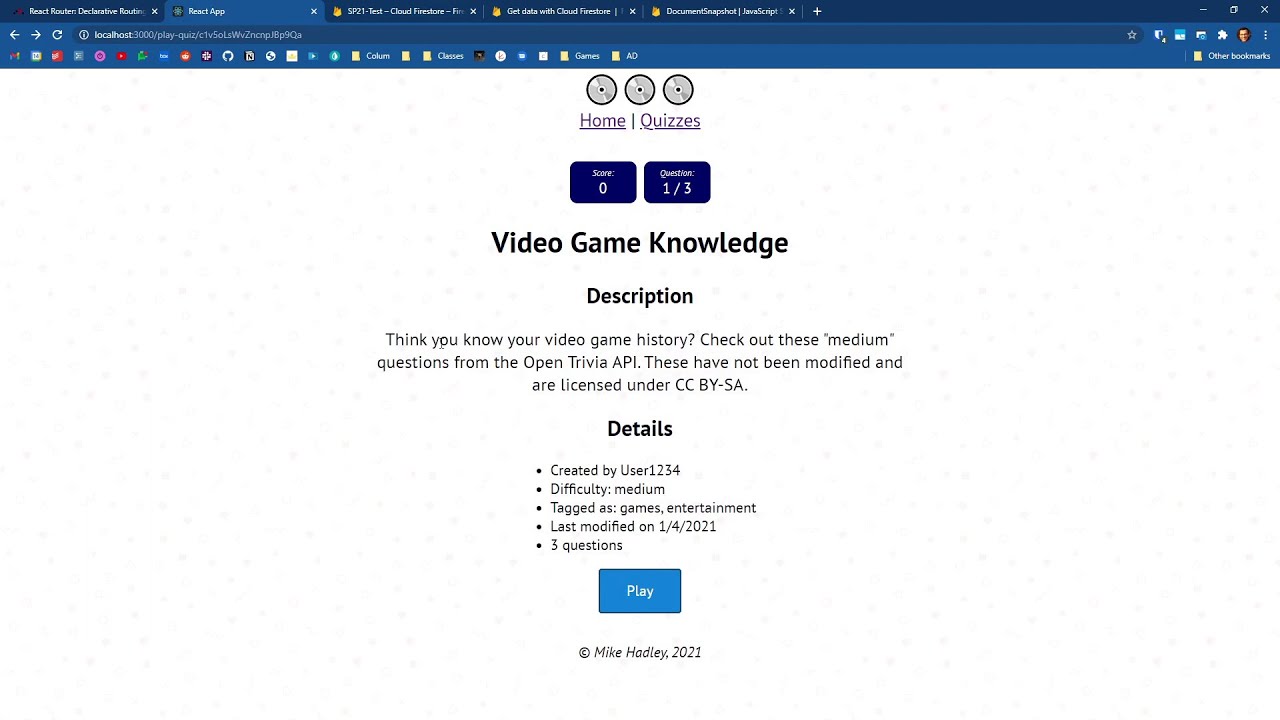 SP21 Web Apps: 33 - Quiz Play Page - Reading a Firestore Document with a Custom Hook
