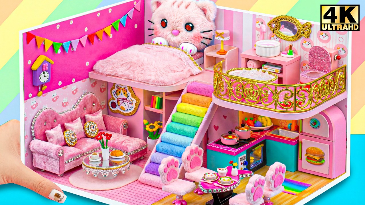 Build Miniature Cat House Inside Cardboard Box with Cute Pink Room Decor 🌈❤️ | DIY Miniature House
