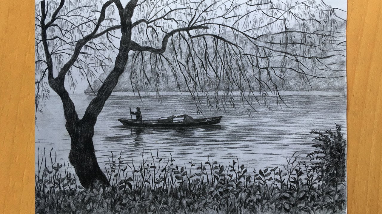 Scenery drawing in pencil | simple pencil sketch | river and boat drawing