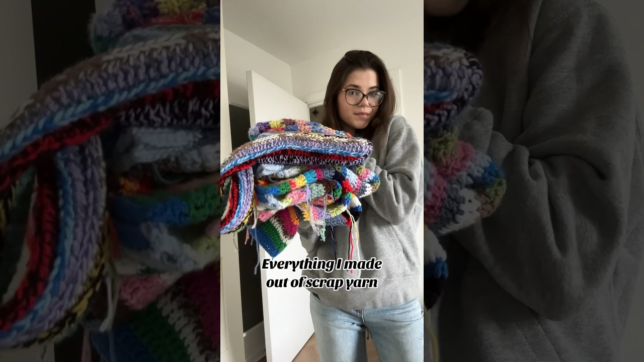 Scrap yarn projects 💘#crochet #crochettotebag #crochetbag #crochetbeanie #crochetsweater