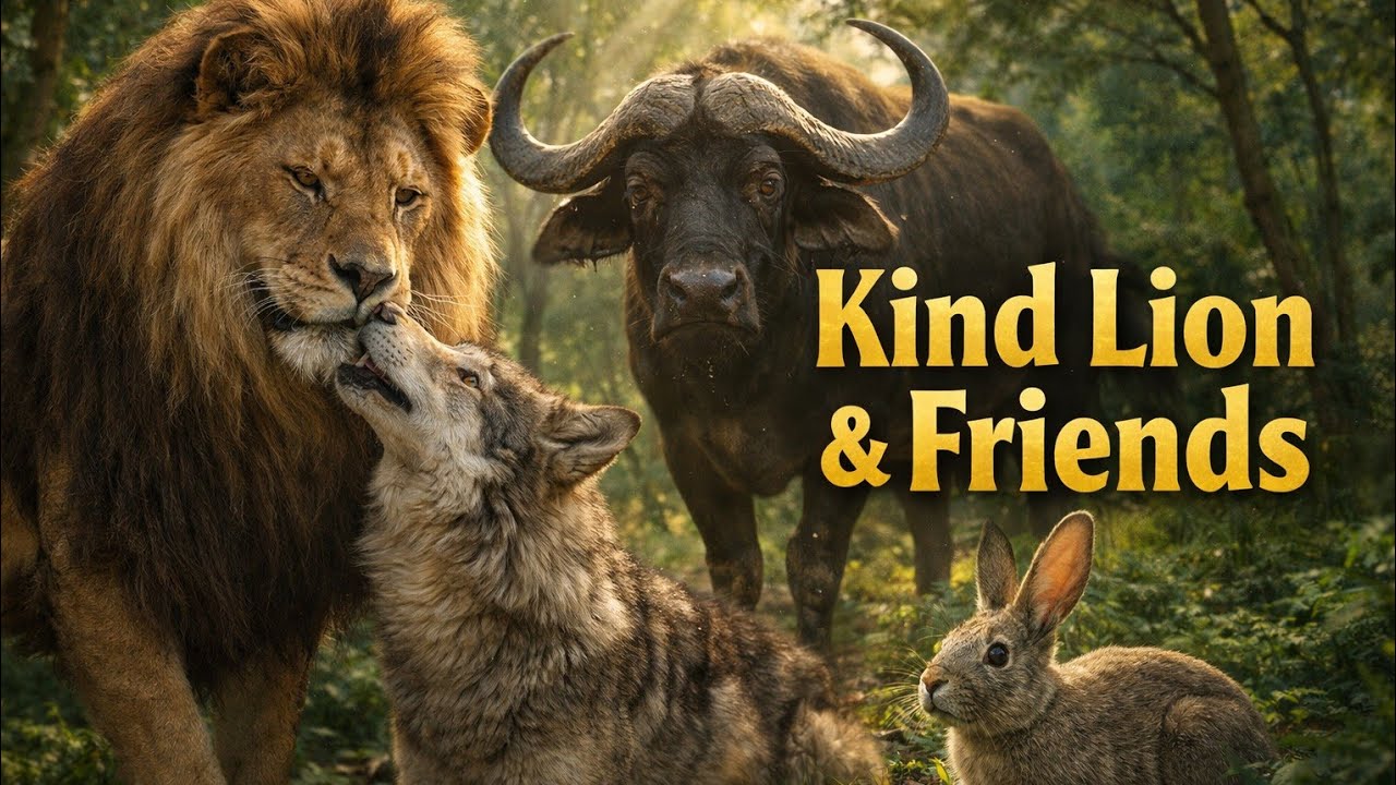 The kind lion in the forest with rabbit friendshp