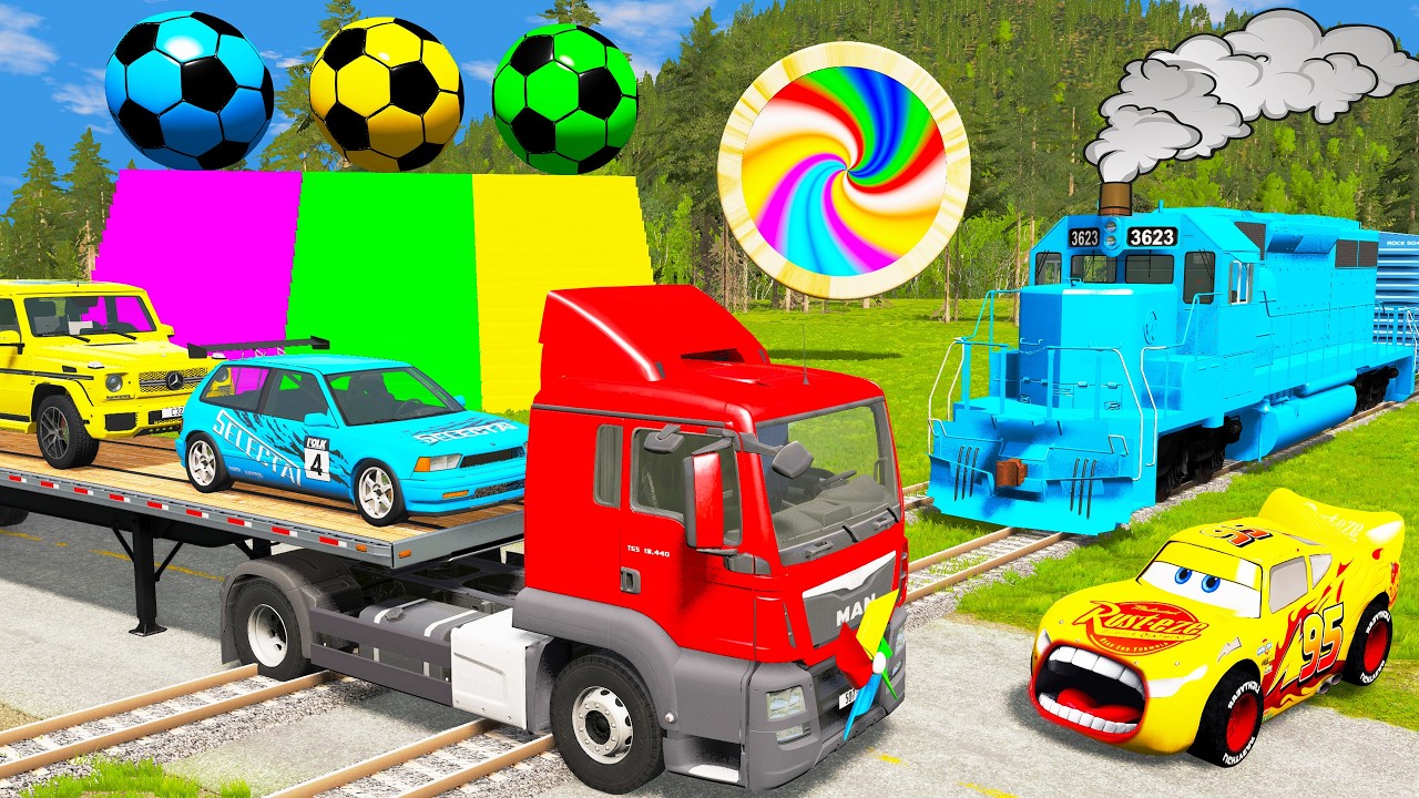 Funny Cars vs Monster Truck Rescue Flatbed Trailer – Slide Color vs Deep Water | BeamNG Drive