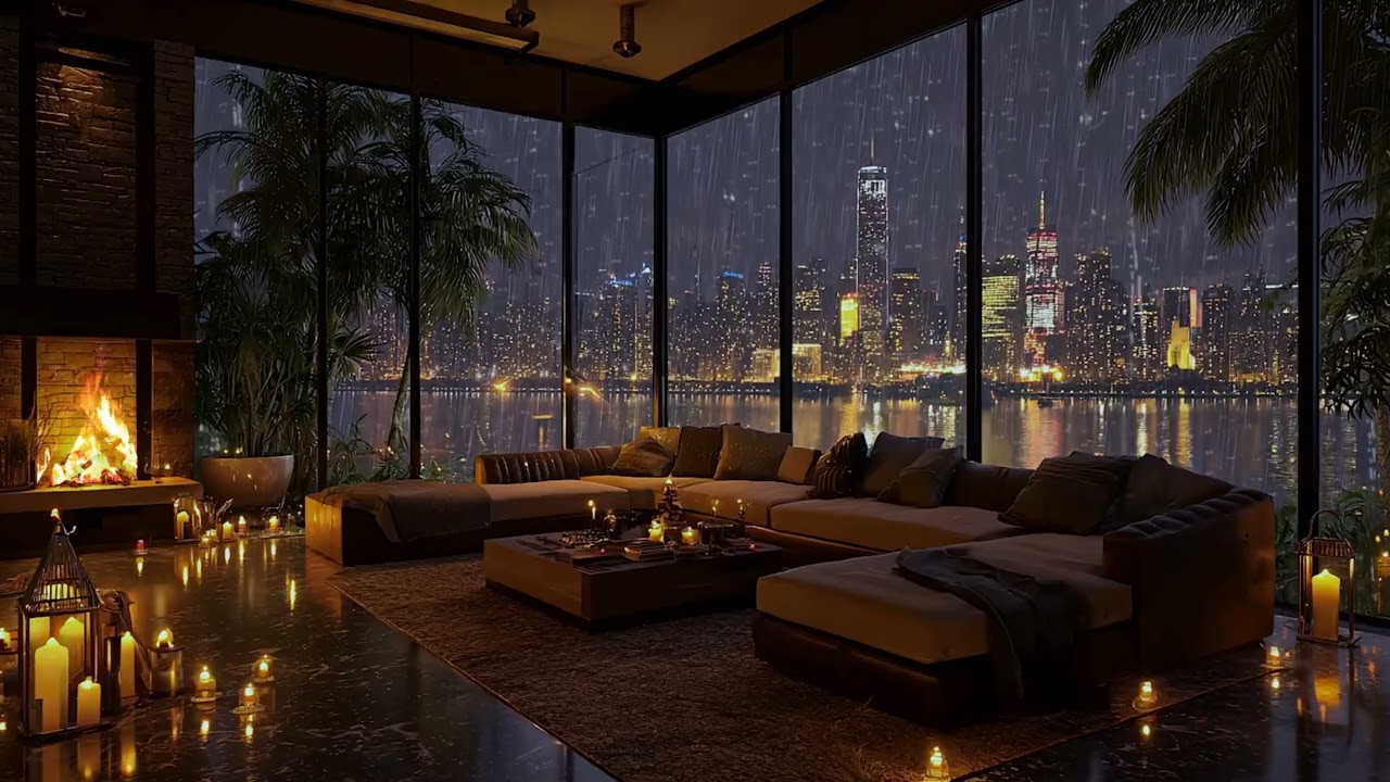 Rainy Evening in a Million Dollar Penthouse 🌧️ Calm Jazz & Warm Fireplace