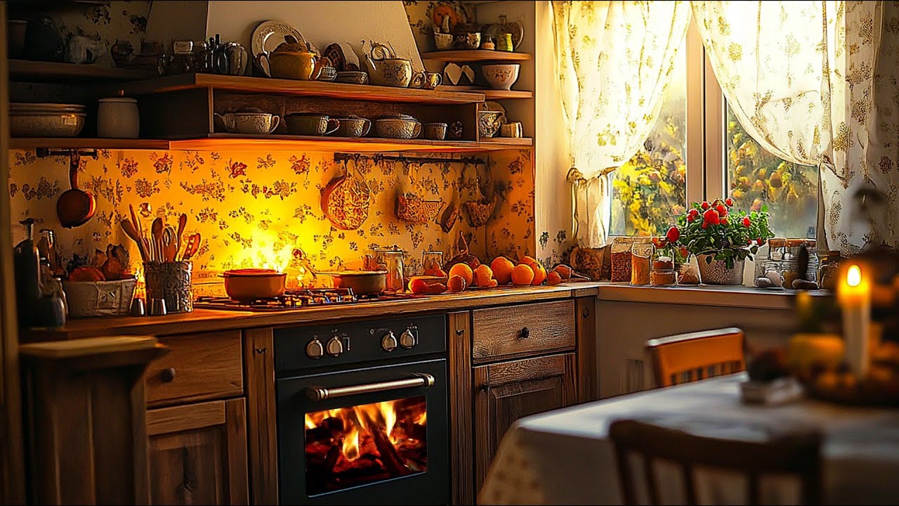 🌧️ Grandma’s Cozy Cabin Kitchen | Crackling Fireplace & Snowy Afternoon Ambience