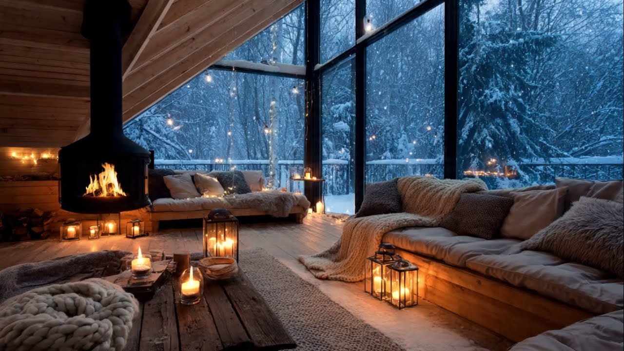 Uplifting Instrumental Jazz in a Cozy Winter Cabin by the Fireplace at Night 3