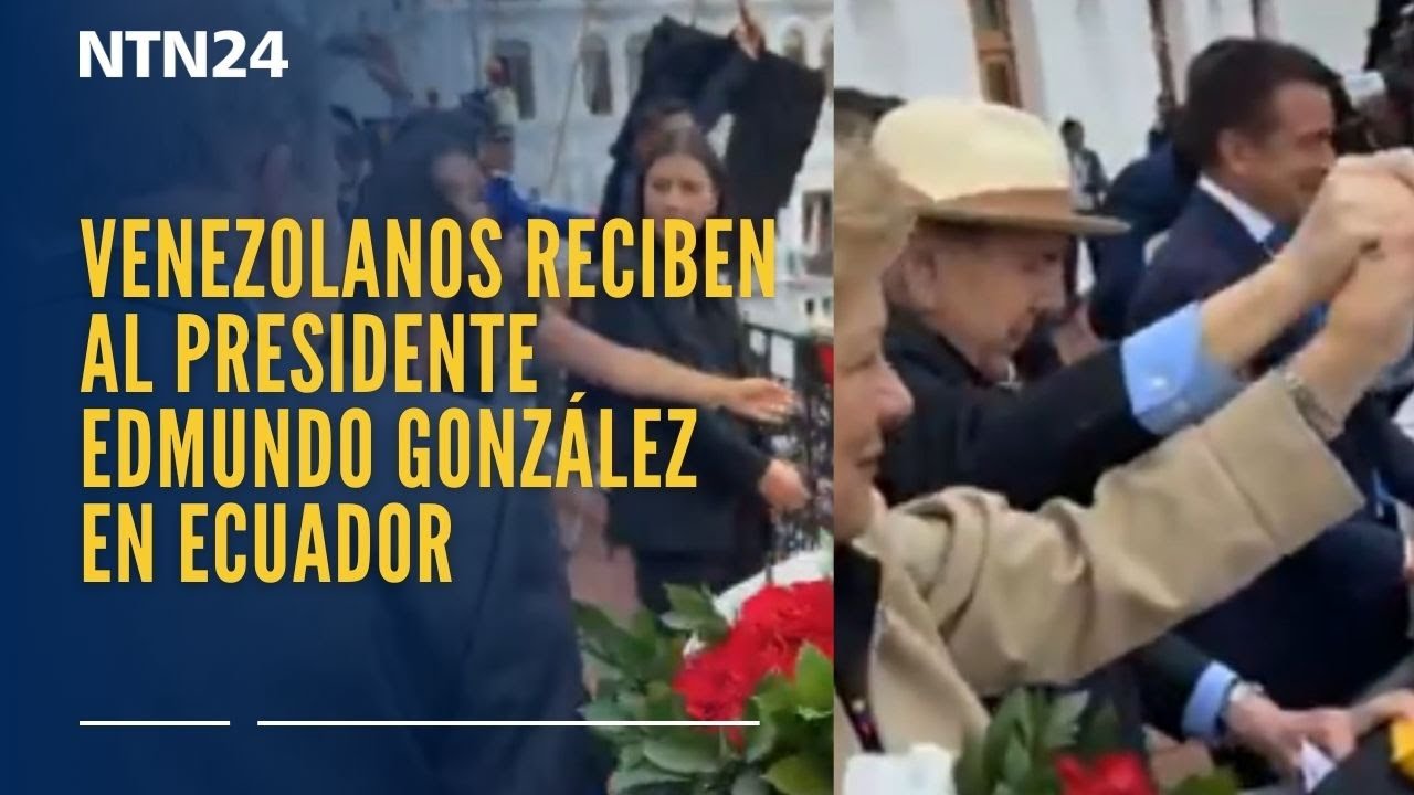 Cientos de venezolanos reciben al presidente Edmundo González frente al Palacio de Carondelet