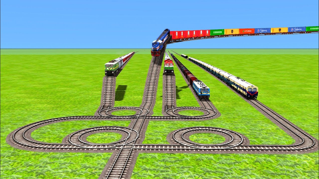 BUMPY CROSSING OF FIVE TRAINS WITH CURVE CIRCLE ⭕ CROSSING RAILROADCROSSIN |Train Simulator|