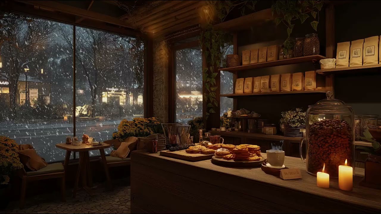 Snowy Night at a Café Window with Gentle Piano Sounds and Peaceful Winter Ambience