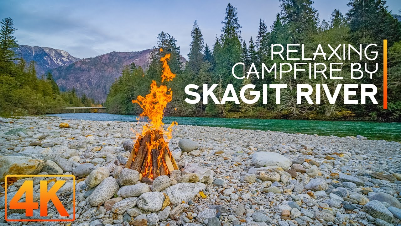 8 Hours of Relaxing Campfire on the Bank of Skagit River - 4K Slow Motion Video