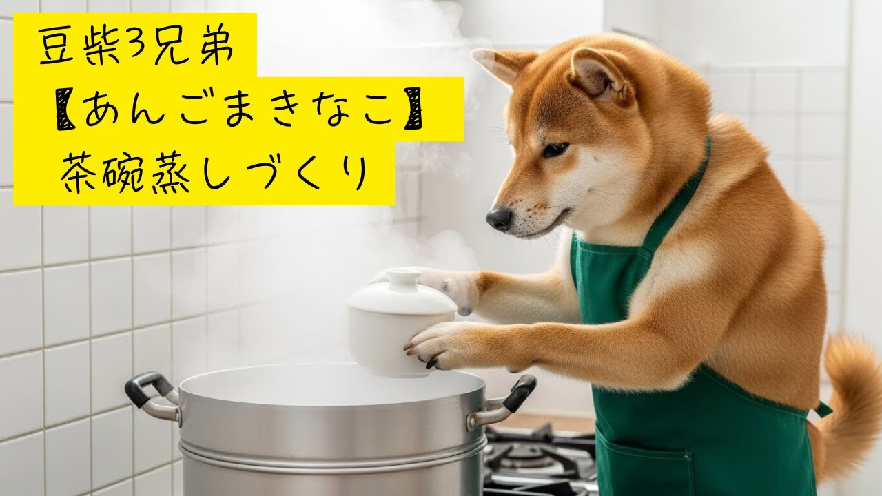 豆柴3兄弟【あんごまきなこ】茶碗蒸しづくり・Shibainu Trio's Making Chawanmushi