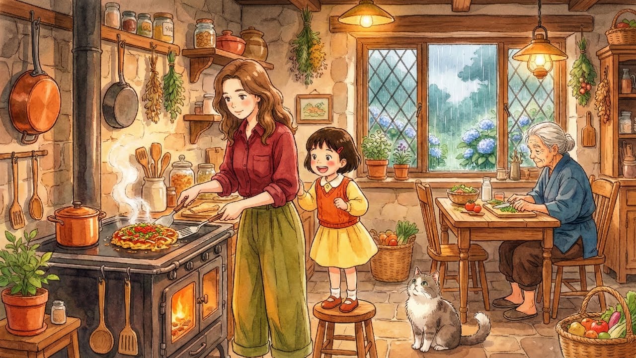 Rainy Day in the Forest House: Cooking Okonomiyaki & Making Lavender Candles | Relaxing Ghibli ASMR