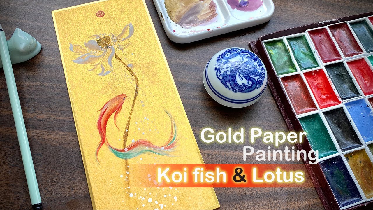 No Sketch Gold Paper Koi Fish & Lotus Watercolor painting
