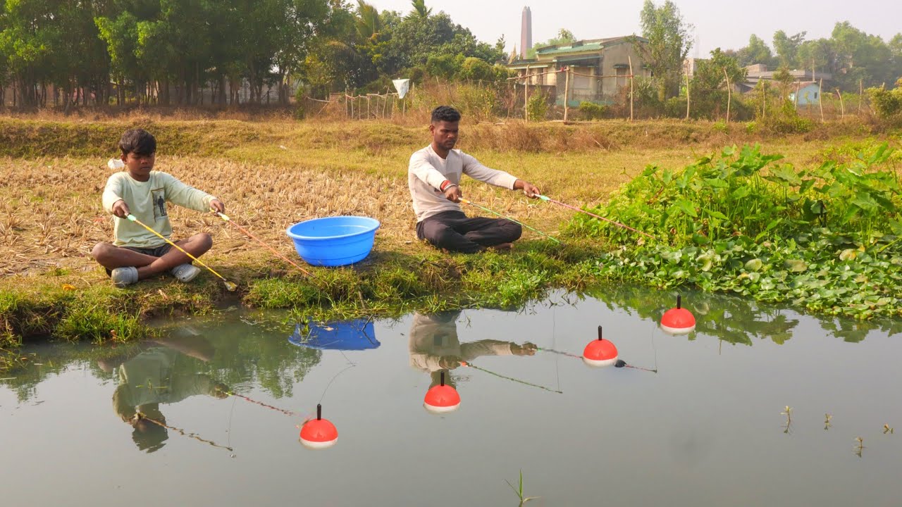 Fishing Video || Two expert fisherman fishing together in the field canal using hooks | hook fishing