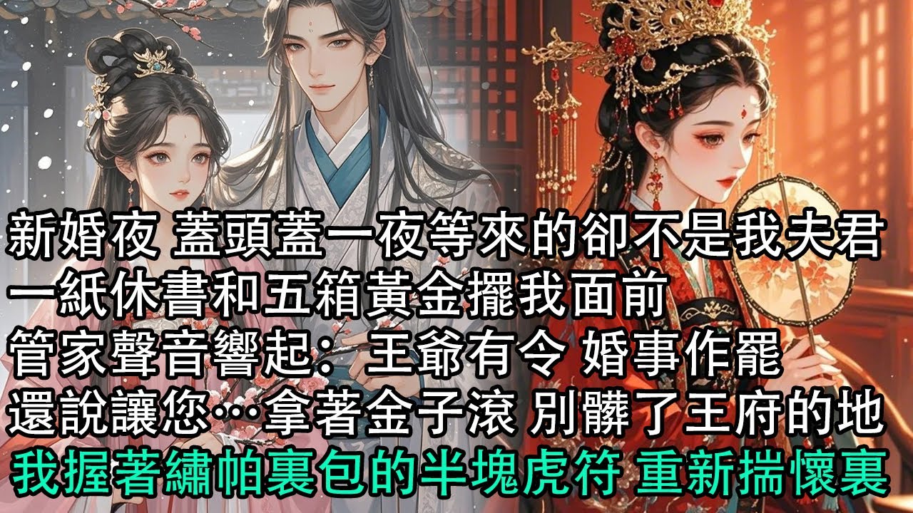 【一口氣看完】新婚夜 蓋頭蓋一夜等來的卻不是我夫君，一紙休書和五箱黃金擺我面前，管家聲音響起：王爺有令 婚事作罷，還說讓您…拿著金子滾 別髒了王府的地，我握著繡帕裏包的半塊虎符 重新揣懷裏