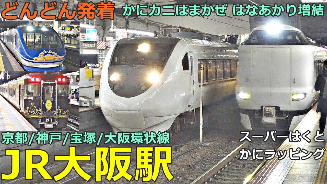 JR大阪駅 (各線) 6🚃どんどん電車が発着！●かにカニはまかぜ はなあかり増結、スーパーはくと かにラッピング／新快速、特急 こうのとり・ひだ 等／京都 神戸 宝塚 大阪環状線【JR西日本】