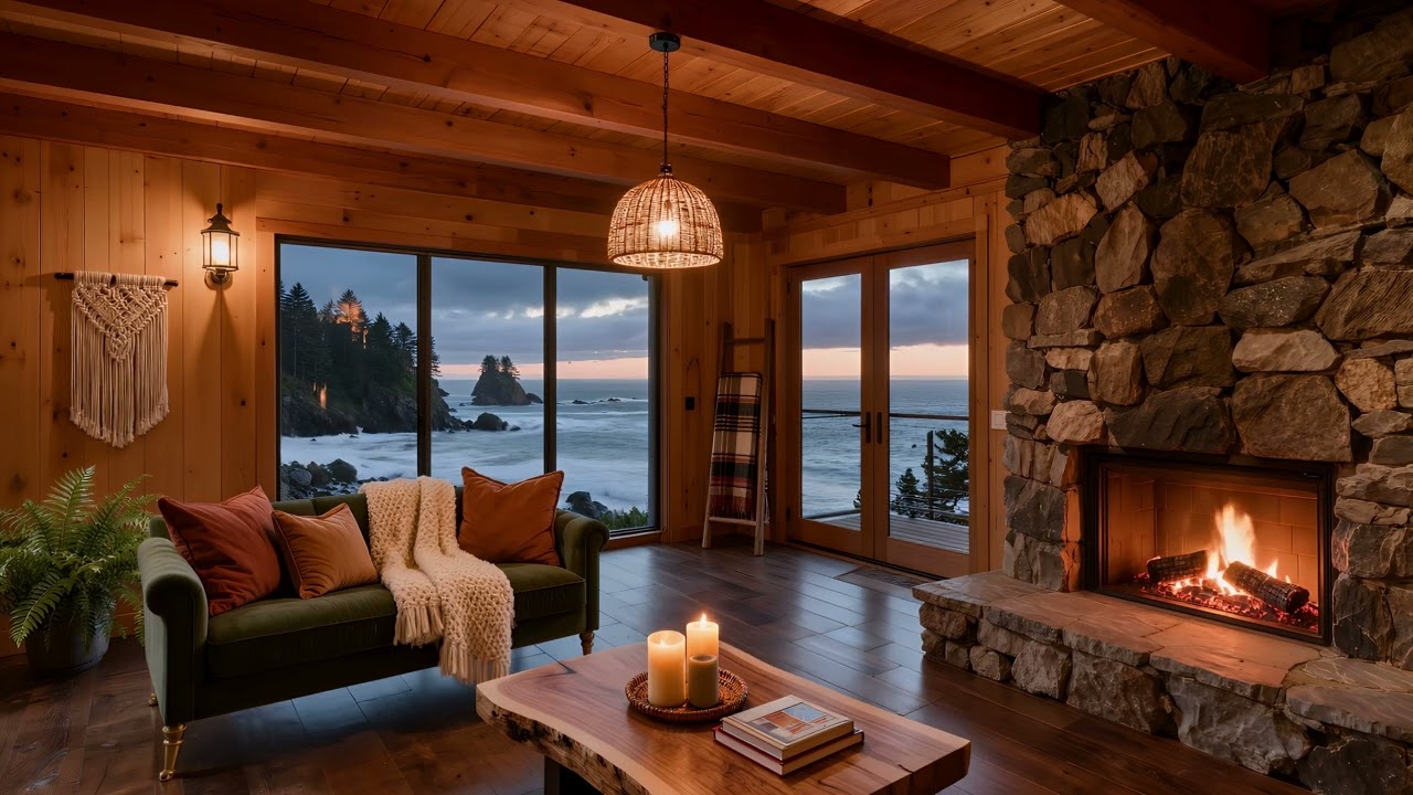 Cozy Coastal Cabin Fireplace Ambience 🌊🔥 | Peaceful Ocean Sunset Retreat