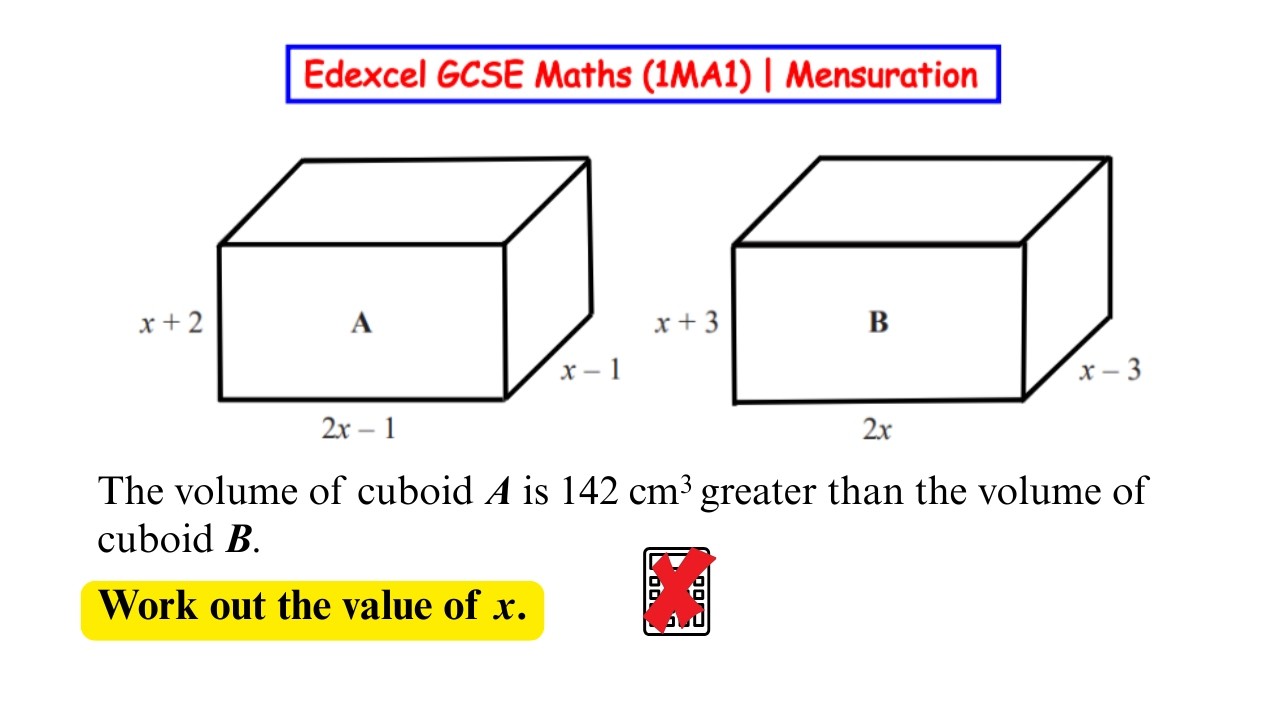 The volume of cuboid A is 142 cm³ greater than the volume of cuboid B. Work out the value of x.
