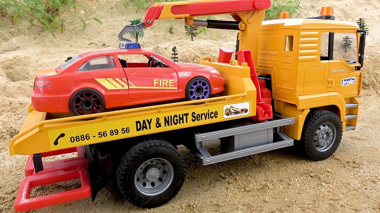 Rescue the cars in the cave with police car crane truck and fire truck - Toy car story