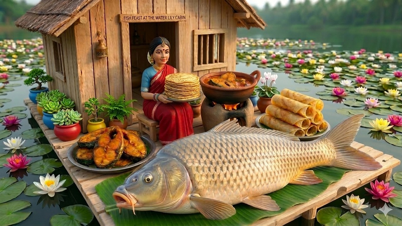 🐟🍲Miniature Doll GIANT CARP FISH  Cooking ASMR | Indian Village Tiny Kitchen Story