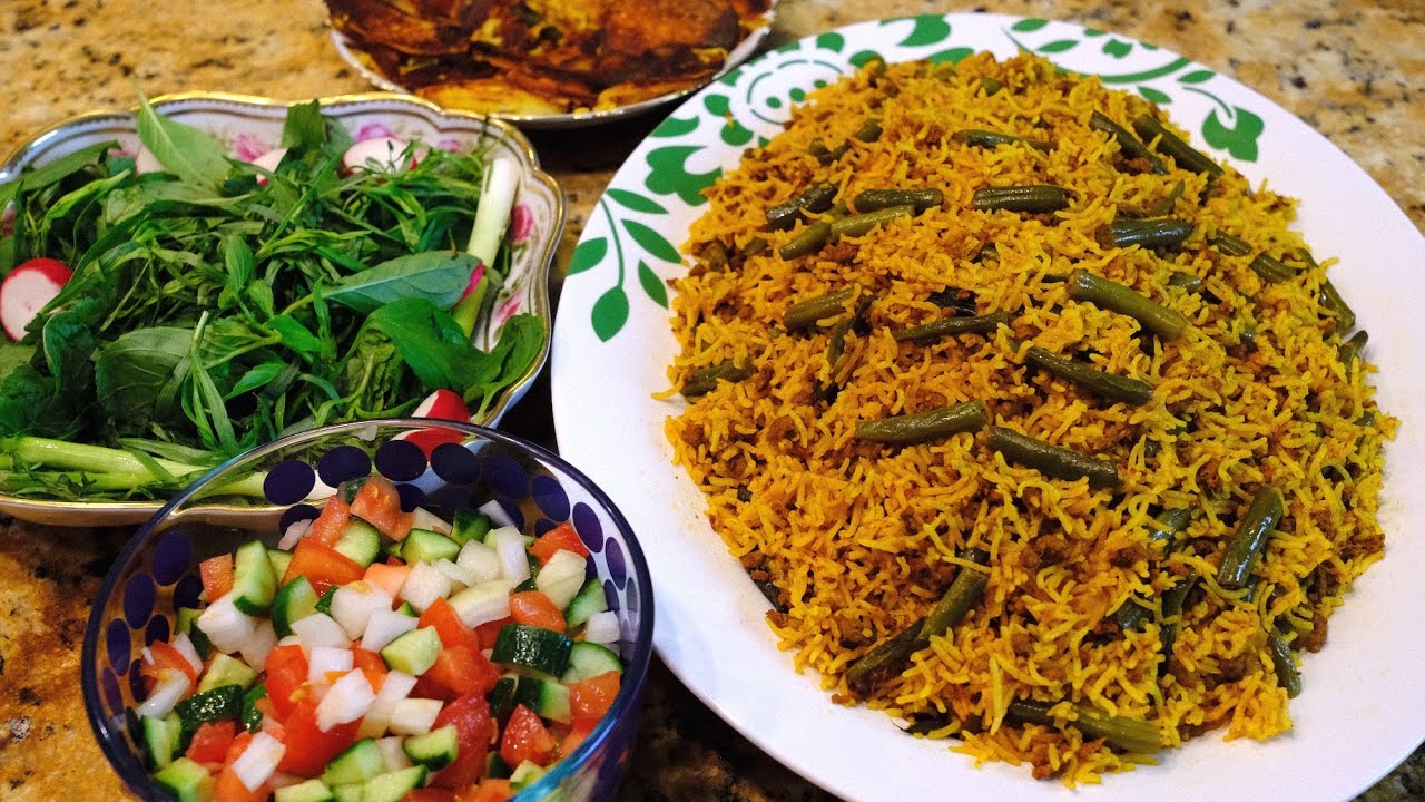Lubia Polo Ba Gooshte Charkh Kardeh (Green Bean Rice with Ground Beef) &mdash; Cooking with Yousef