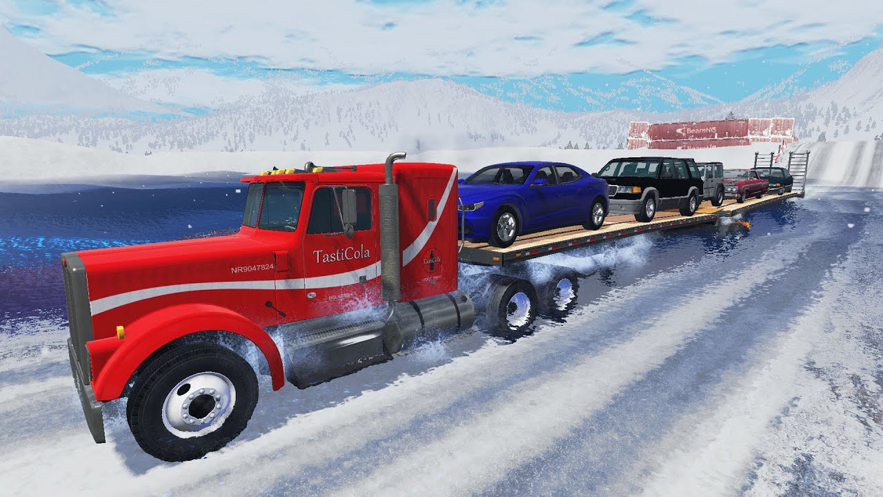 Double Flatbed Long Trailer Truck Rescue - Cars vs Deep Water - BeamNG.drive #7 |  BeamNG LIVESHOW
