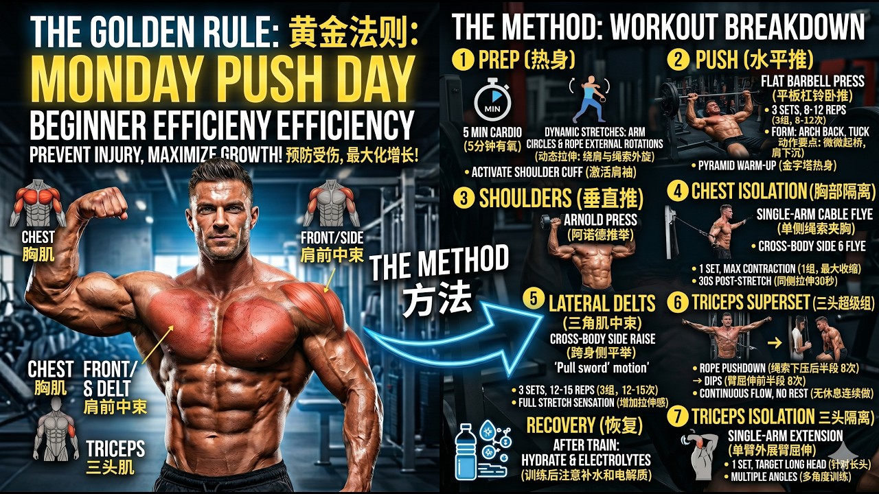 321.三分化训练计划完整版之周一推 （胸、肩、三头） #健身 #增肌 #健身小白必看经验 #三分化训练