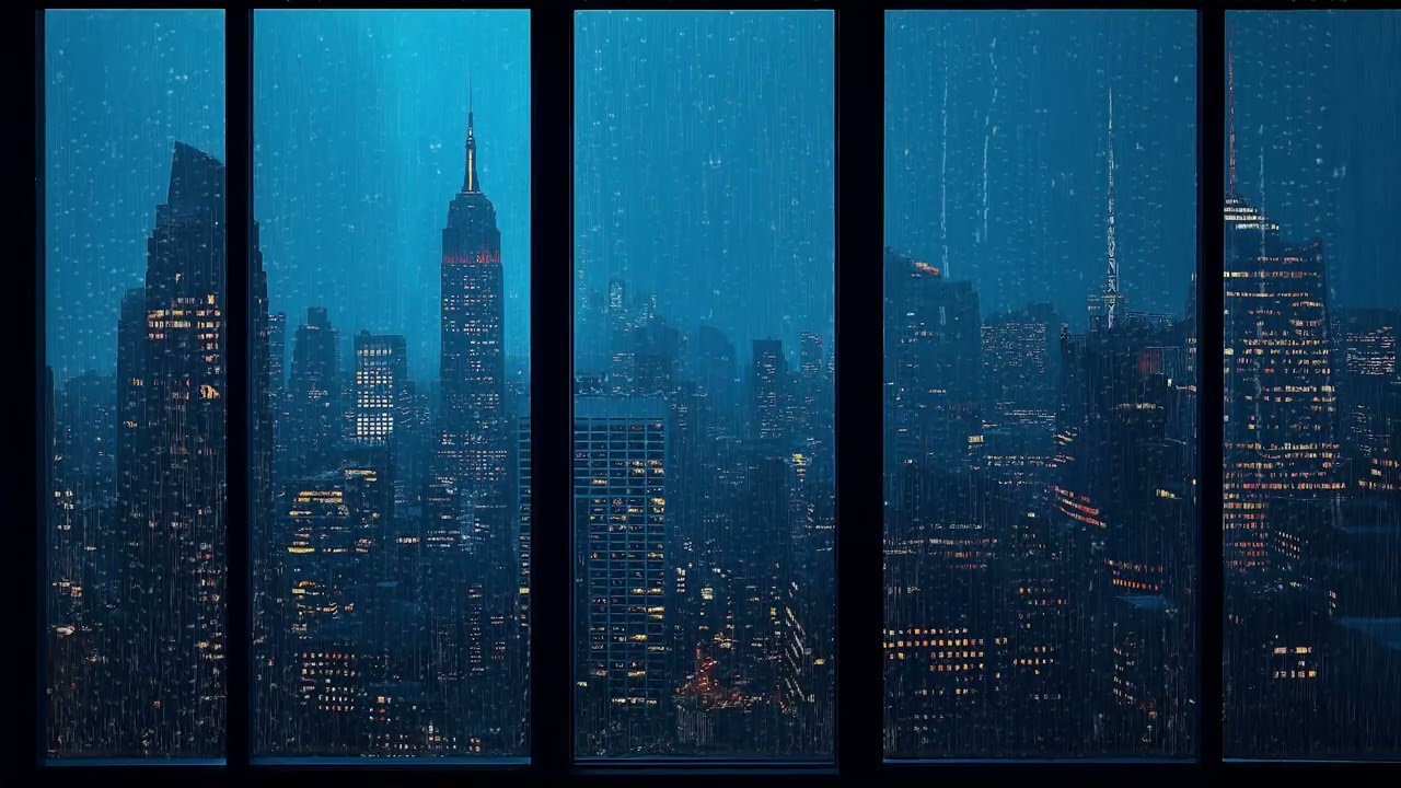 Peaceful Rain Falling Over the City Lights Seen Through a Window for Calm and Sleep