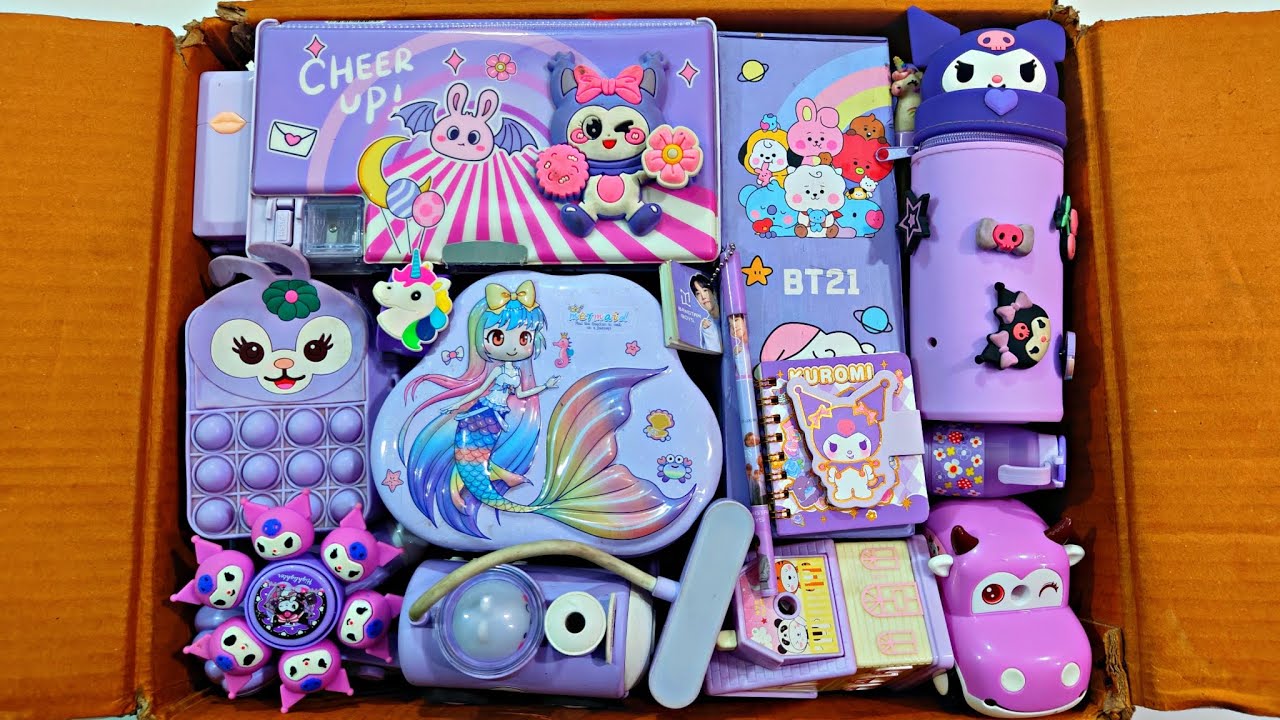 Unboxing Surprise Purple Stationery 📚, Pencil Case, Pouch, Sharpener, Piggy bank, Spinner, Desk lamp