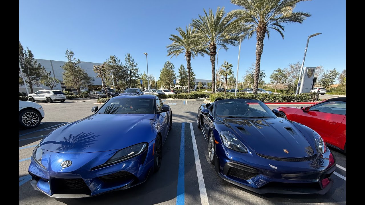 Stratosphere Blue GR Supra vs Gentian Blue Spyder RS | Side by Side at Porsche Dealer