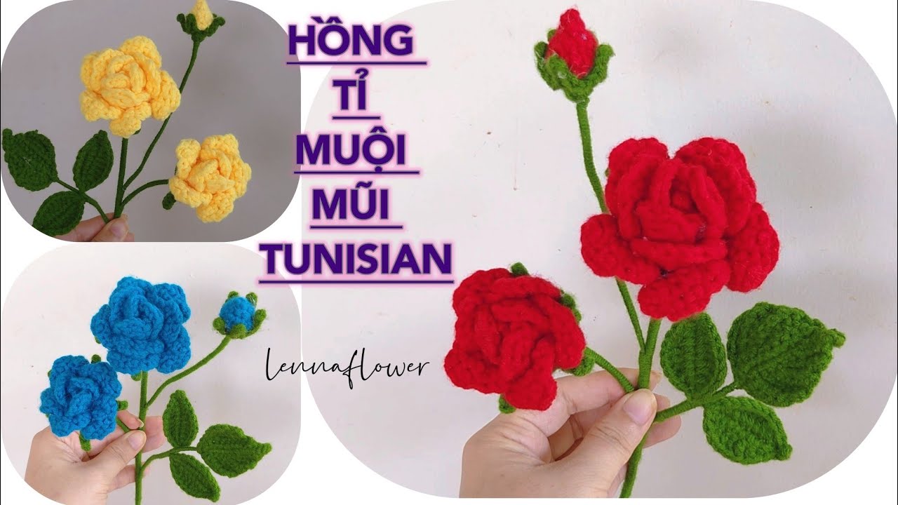 #14 Little Rose flower hook| Hướng Dẫn Móc Hoa Hồng Tỉ Muội Mũi Tunisian | Lennaflower