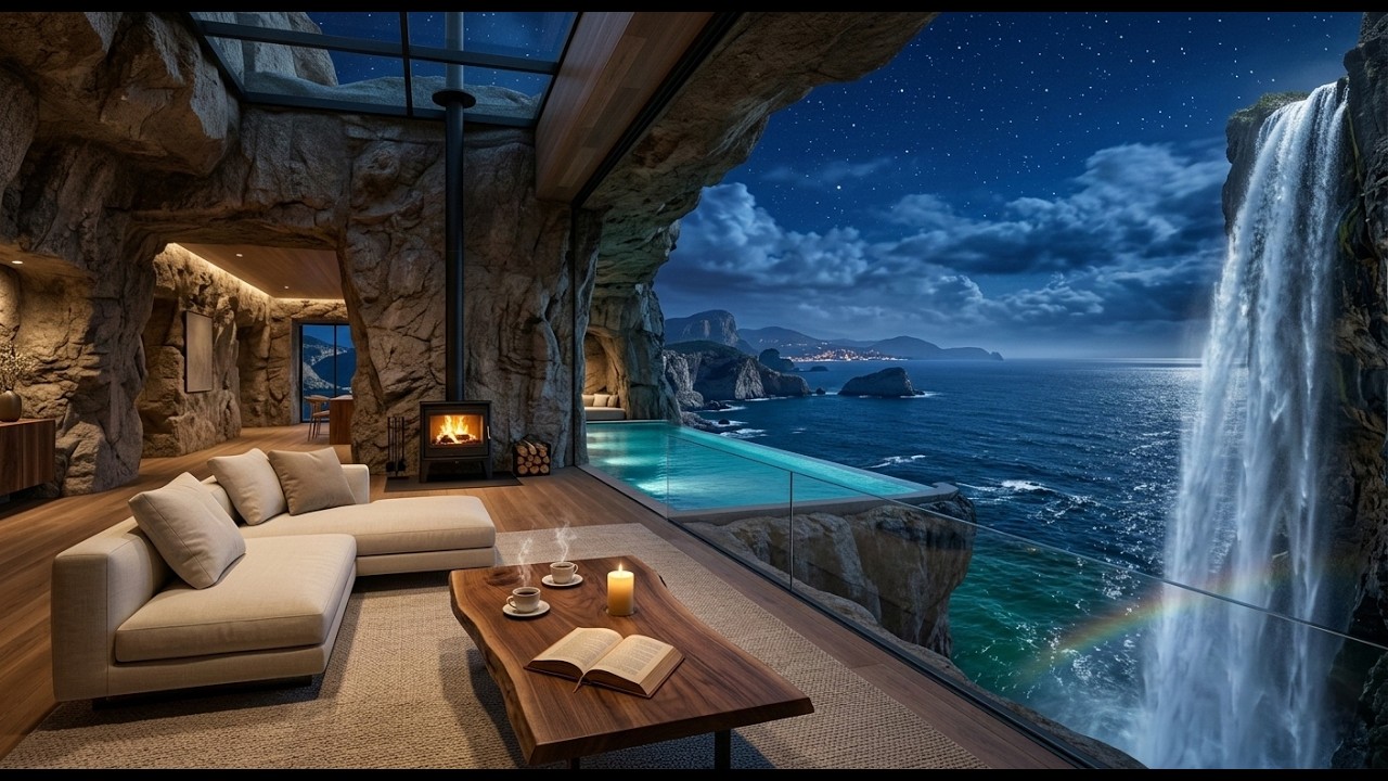 Relaxing Ocean Cliff Penthouse Night 🌙 Waterfall, Fireplace & Infinity Pool Ambience