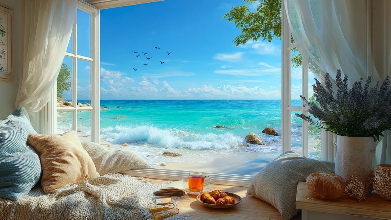 Relaxing Guitar with Ocean Waves | Peaceful Beach Window Ambience for Stress Relief