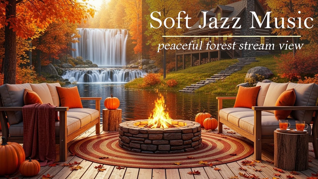 Autumn Waterfall Cabin & Soft Jazz Music 🍁 Cozy Firepit with Pumpkins & Peaceful Forest Stream View