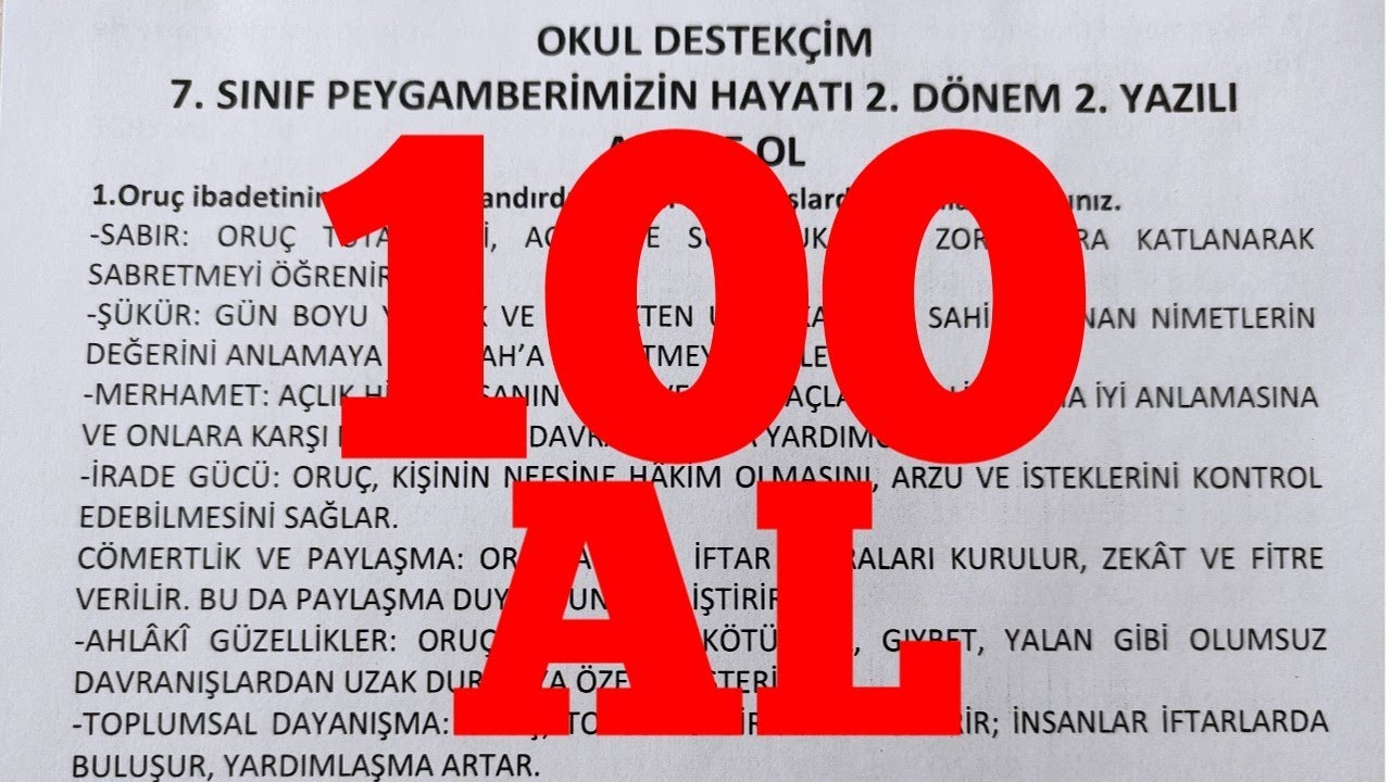 7. Sınıf Peygamberimizin Hayatı 2. Dönem 2. Yazılı