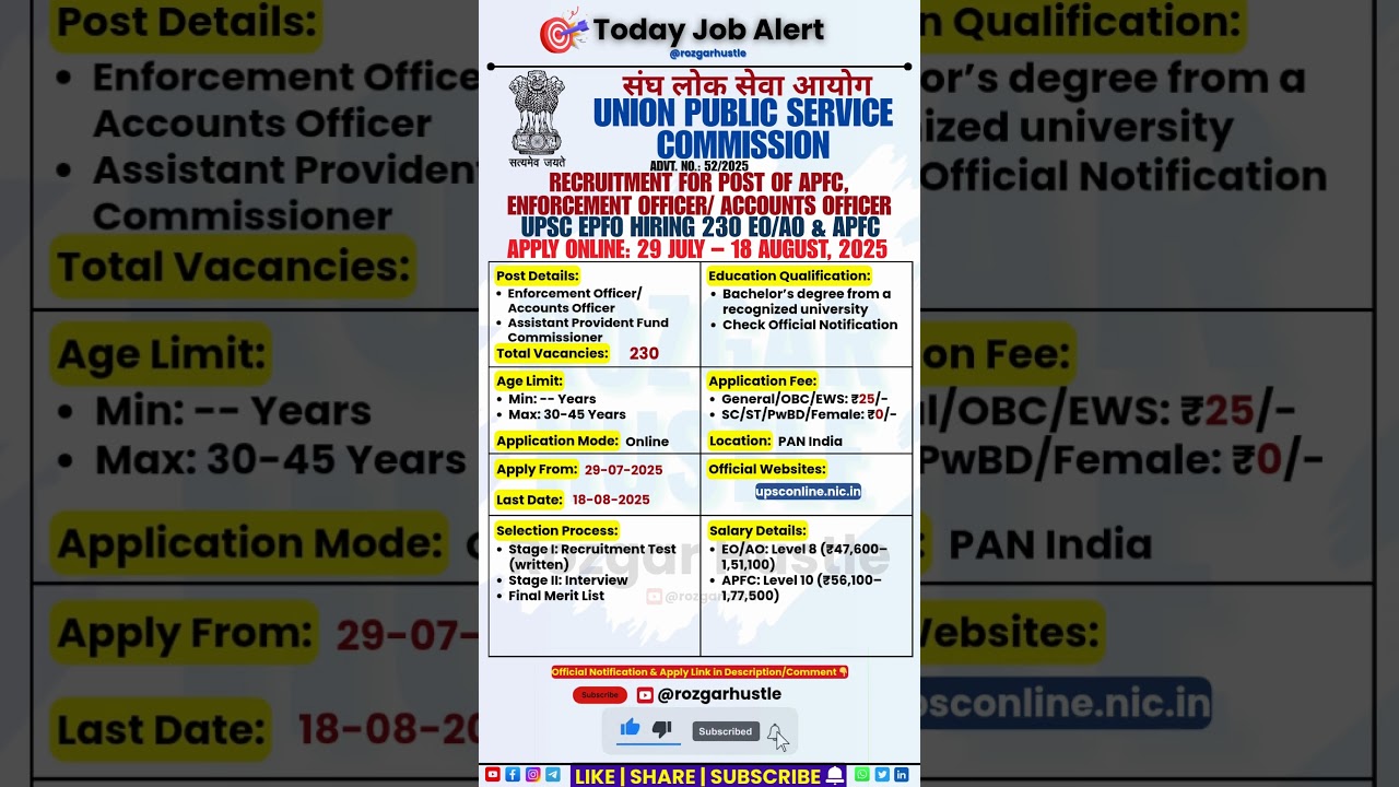 UPSC EPFO Recruitment 2025 | 230 EO/AO & APFC Posts | Apply 29 Jul &ndash; 18 Aug #shorts #upsc #epfo #job