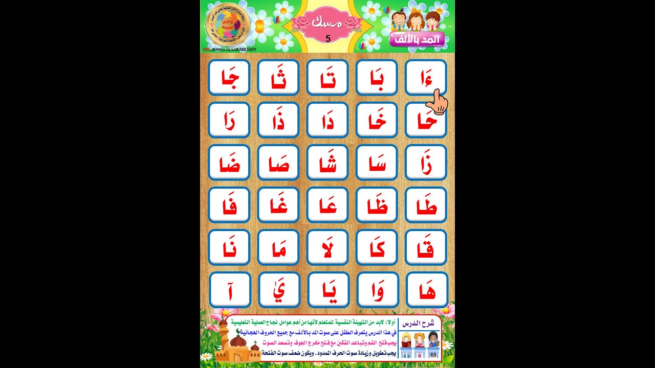 طريقة تهجئة حروف الهجاء مع المد بالألف
