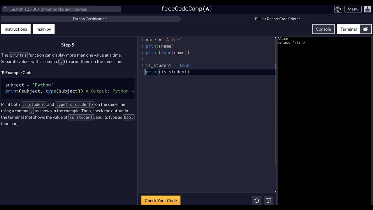 FreeCodeCamp - Python Project  - Step 5 of 10 - Build a Report Card Printer