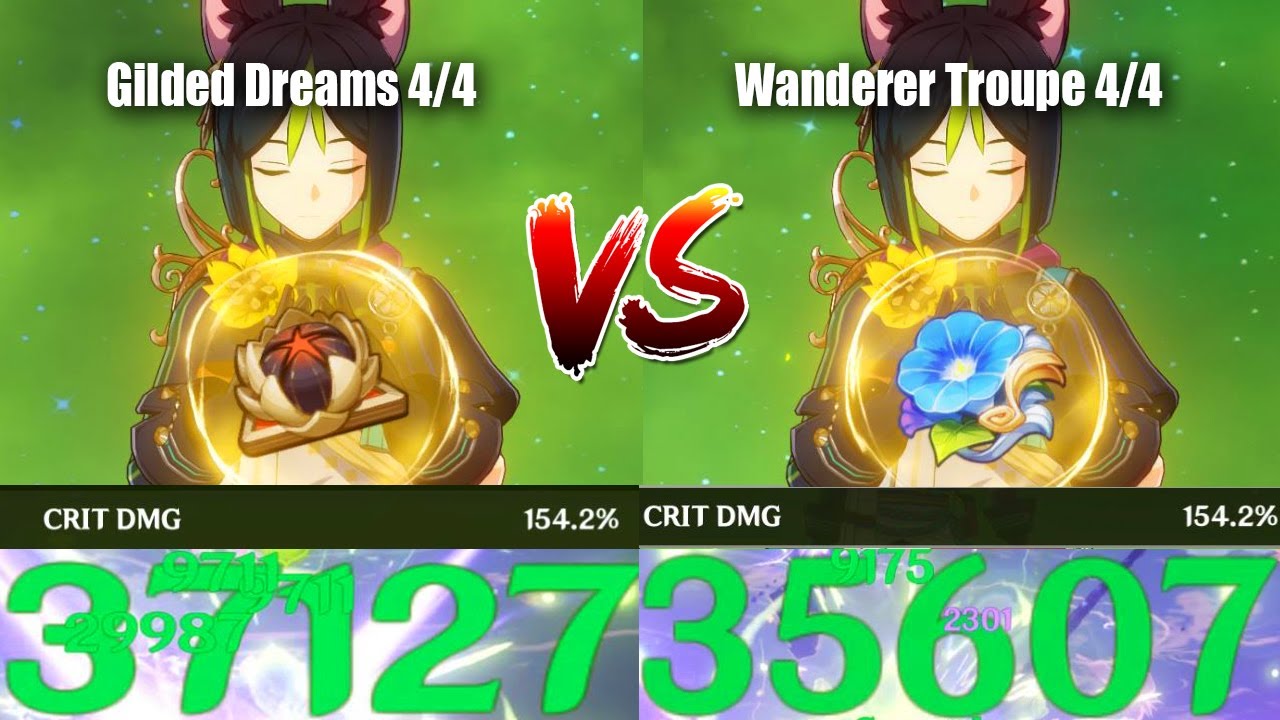 Tighnari Gilded Dreams 4 Set vs Wanderer Troupe 4 Set DMG Comparison - Is it Worth Farming?