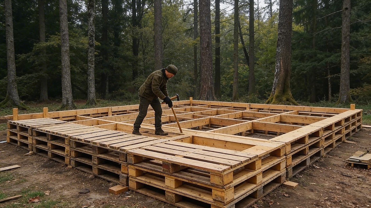 Building a Cabin with ABANDONED PALLETS in the Middle of the Forest