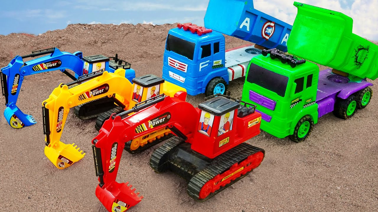 Car toy, Excavator, dump truck, mixer truck funny with dinosaurs - Construction vehicles for kids