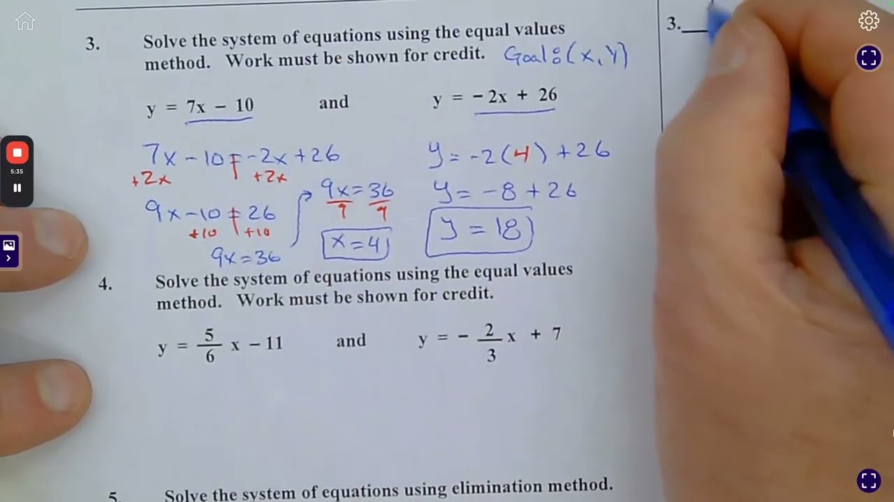 Algebra 1 Systems of Equations Graphing and Equal Values Method Practice 2